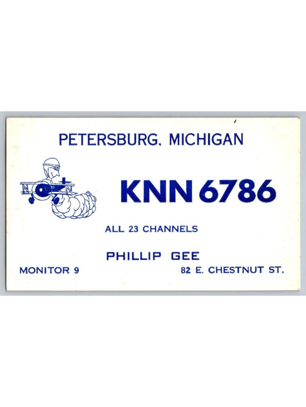 Vintage CB QSL Card KNN-6786 Phillip Gee Petersburg Michigan Airplane Cartoon